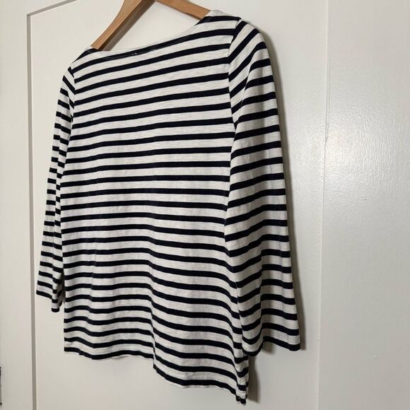 J Crew Top Women Sz M White Blue Stripe Boat Neck Nautical Coastal Preppy Casual - Picture 7 of 12